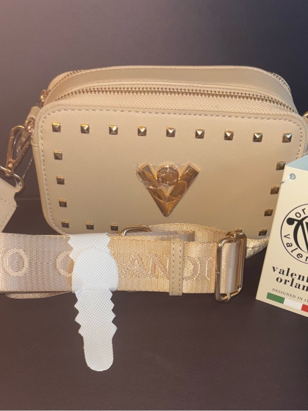 Valentino Orlandi Gold-Tone Stud Beige Crossbody Bag
